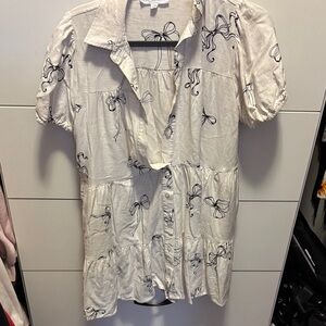 Women's Cream Button-Up Top with Black Bow Print